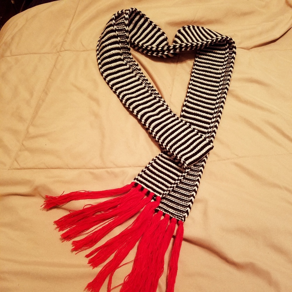 Skinny black & white striped red fringe scarf